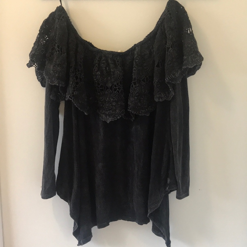 Black distressed lace shoulder top